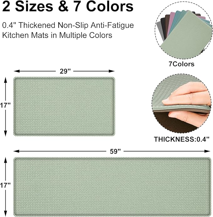 AUTODECO Kitchen Mats and Rugs Set of 2 - Cushioned Anti-Fatigue Kitchen Rug for Floor Washable 17"x29" +17"x59", Light Green