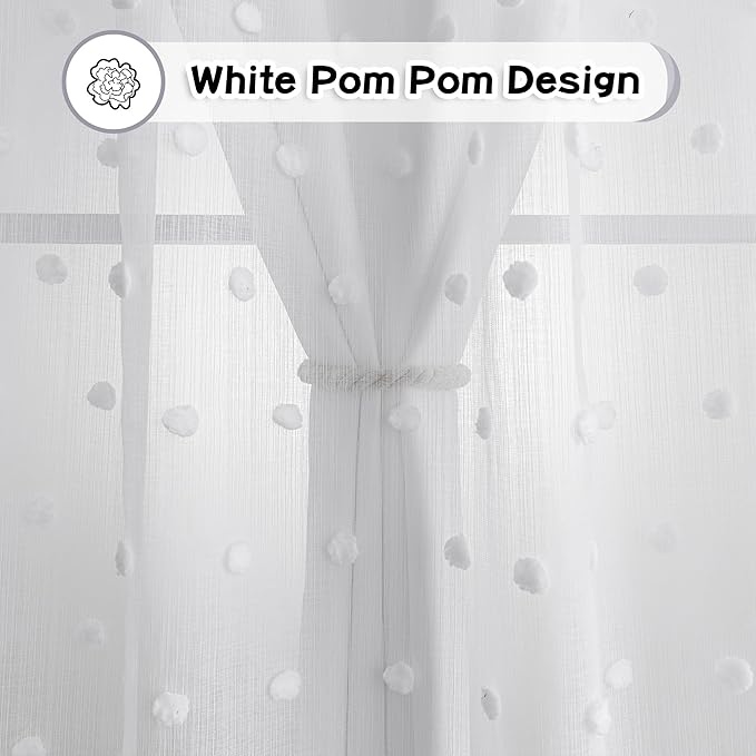MYSKY HOME White Pom Pom Sheer and Curtains for Living Room 84 Inches Long Nursery Curtains Girls Kids Bedroom Light Filtering Double Layer Window Drapes Grommet,White, 52 x 84 Inch, 2 Pieces