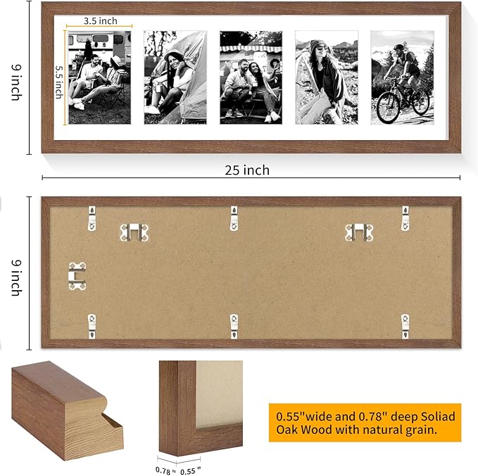8x24 Oak Wood Picture Frame - 8x24 Photo Frame with Mat Display 5Pcs 4x6 Photos, 4x6 Picture Frame Wood, Natural Solid Wooden Picture Frames for Wall Art Photo and Prints(1 Pack, Walnut)