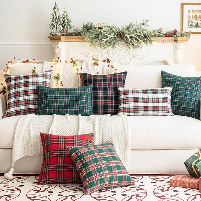 AQOTHES Pack of 2 Christmas Plaid Decorative Throw Pillow Covers Scottish Tartan Cushion Case for Farmhouse Home Holiday Decor Red and White, 22 x 22 Inches