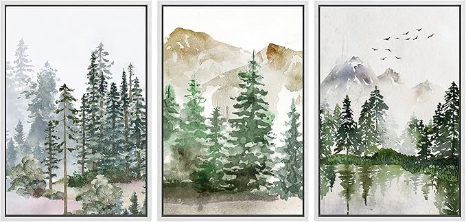 SIGNWIN Framed Canvas Print Wall Art Set Pastel Mountain Range Forest Mist Nature Wilderness Illustrations Modern Art Decorative Rustic Calm/Zen for Living Room, Bedroom, Office - 24"x36"x3 White