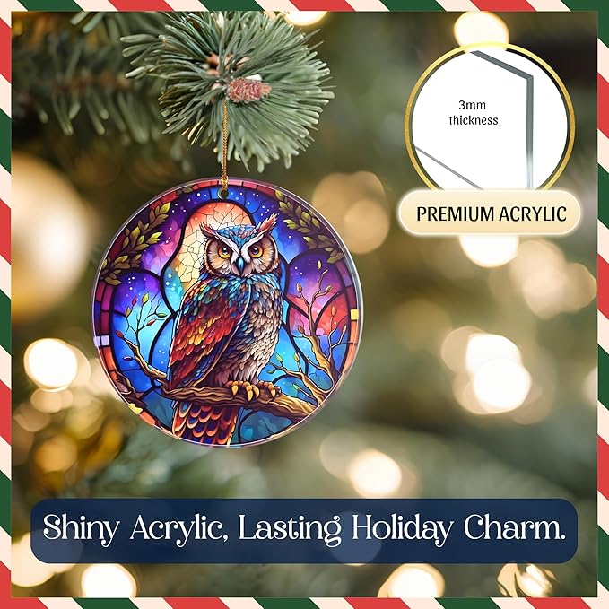 Moonlit Owl Christmas Ornament – Stained Glass Owl Acrylic Tree Decoration – Dated Holiday Decor for Navidad 2025 – Colorful Night Bird Ornament – Christmas Ornaments Clearance