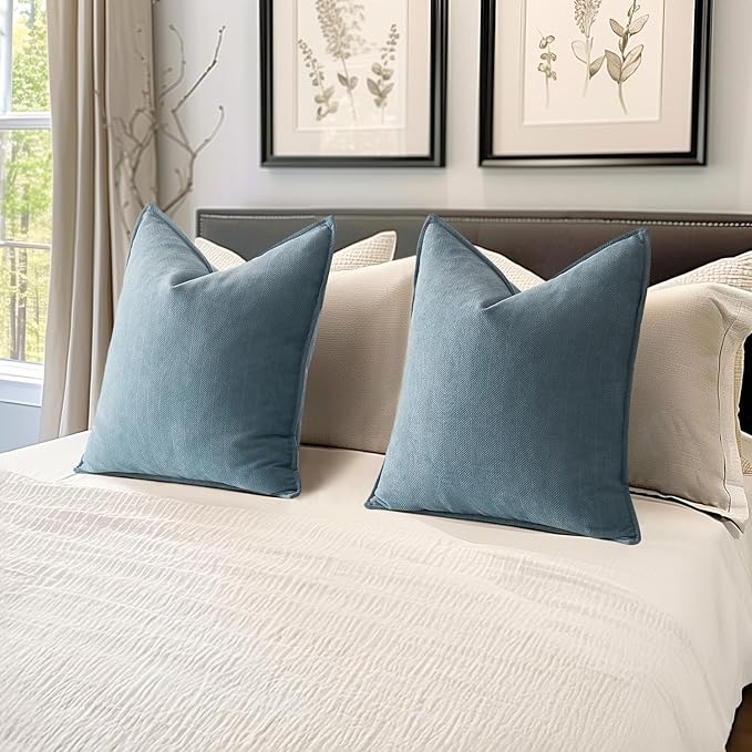 MIULEE Pack of 2 Dusty Blue Decorative Pillow Covers 24x24 Inch Soft Chenille Luxurious Couch Throw Pillows Farmhouse Cushion Covers Euro Shams with Elegant Design for Sofa Bed Living Room Home Decor