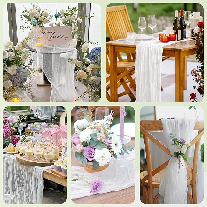 2PCS Table Runner Cheesecloth 10FT Ivory Boho Gauze Cheese Cloth Rustic Sheer Table Runners for Wedding Bridal Baby Shower Party Decoration