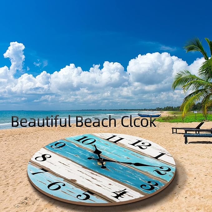 CHYLIN Wall Clock - Beach Themed Blue Wall Clocks Battery Operated Silent Non-Ticking, Coastal Nautical Clock Decorative for Home Kitchen Living Room Office Bathroom Bedroom(10 Inch)