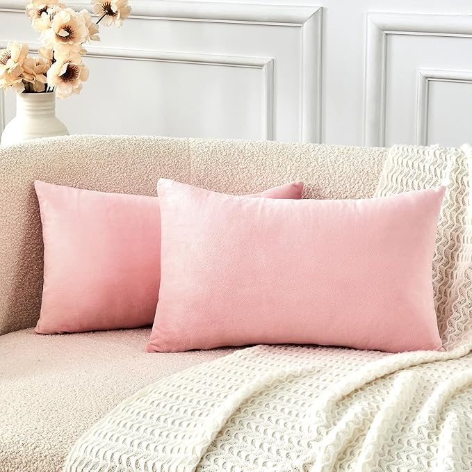 Throw Pillow Covers Pink Set of 2 12x20 Inch Pillow Covers, Soft Velvet Cute Lumbar Decorative Pillowcases for Couch Sofa Bed, Home Boho Decor, Modern Cushion Covers