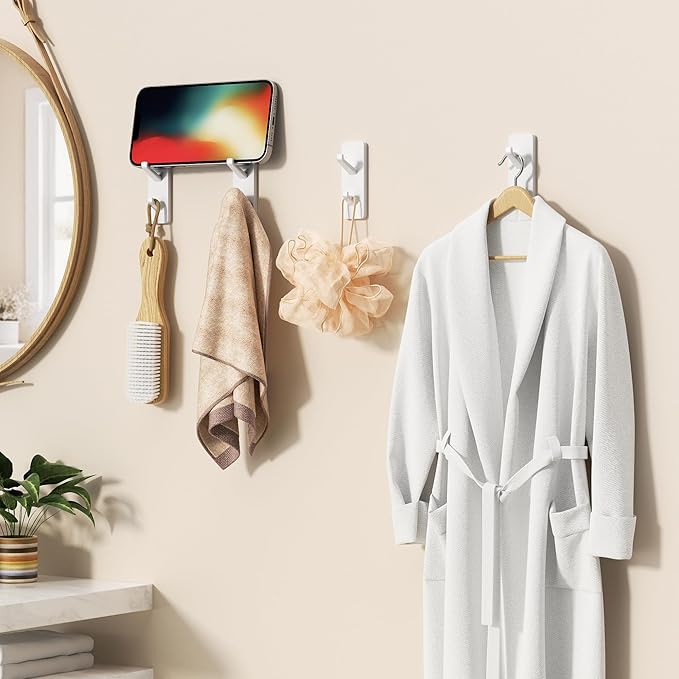 Self Adhesive Wall Hooks for Hanging, 13LB Heavy Duty Stick On Hooks for Coats and Towels, Bathroom Door Towel Hooks, White, 6 Pack