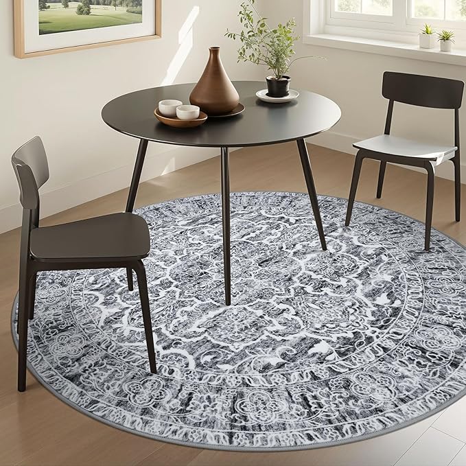 KUTA Round Rugs 6ft, Grey Blue White Circle Rug Washable 6ft, Non-Slip Printed Vintage Medallion Carpet for Living Room Dining Kitchen Indoor Entryway