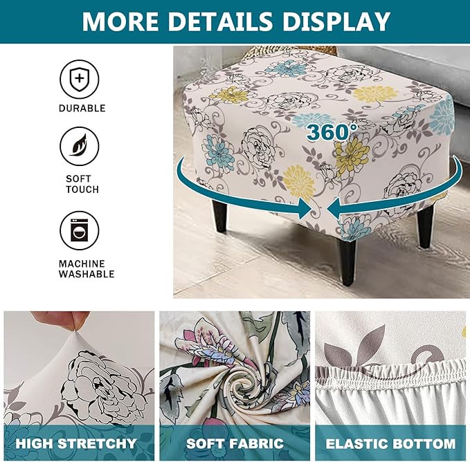 KRFOONN Stretch Ottoman Cover Slipcovers Rectangle Fit Length 27"-35" Footrest Stool Covers Printed Ottoman Cover for Foot Stool Furniture Protector with Non Slip Elastic Bottom, Color 29