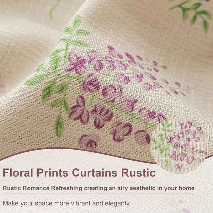 OYX Purple Boho Floral Curtains 63 Inch Length 2 Panels for Living Room, Bedroom Light Filtering Drapes, Farmhouse Country French Rustic Tassels Patterned Rod Pocket Aesthetic Decor Window Treatments