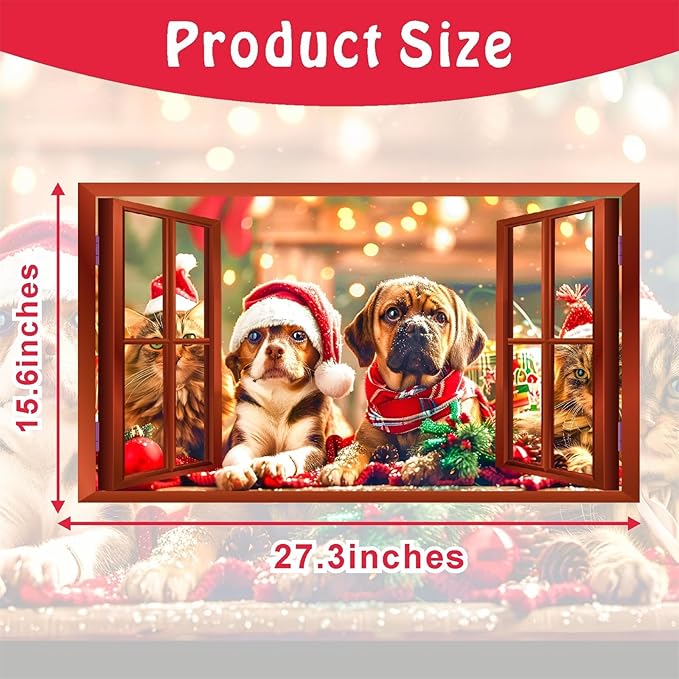 Christmas Dog Wall Stickers Decor 3D Fake Window Wall Decal Mural Christmas Cat Xmas Puppy Dog Decals Holiday Wall Sticker Animal Fake Window Wall Stickers Party Decorations