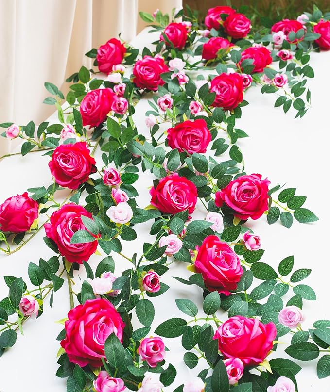 6FT Bendable Flower Garland, Artificial Rose Vine Hanging Floral Garland Decoration for Weding Home Room Wall Decor (Fushia, 2pcs)