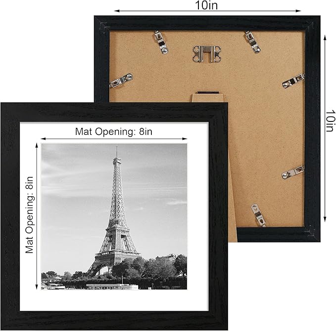 iRahmen 10x10 Picture Frame Set of 4 with HD Glass, Black Frames Display 8x8 Picture with Mat or 10 x 10 Without Mat, Wooden Photo Frames for Tabletop Display and Wall Mounting