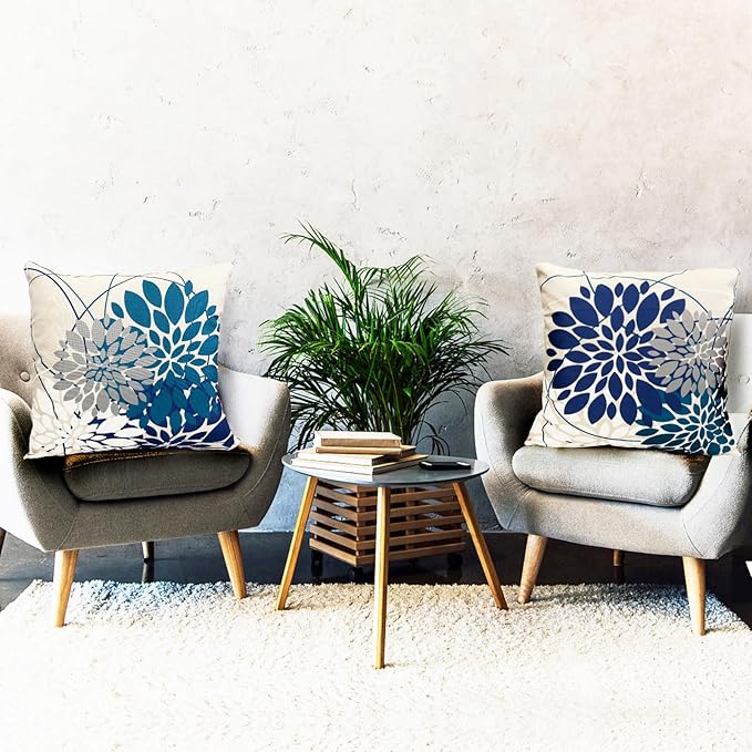 Decorative Throw Pillow Covers Set of 2 Blue Pillow Covers 20x20 inch Linen Square Pillow Cases,Farmhouse Modern Geometric Floral Outdoor Pillow Cover for Couch Sofa Living Room Bedroom