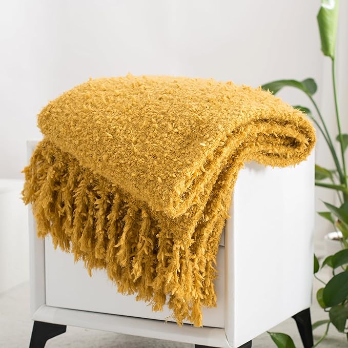 Winter Knit Throw Blanket Fluffy Fuzzy Soft Lightweight Cozy Farmhouse Tassels Chunky Knitted Throws for Couch Sofa Bed (Mustard Yellow, 50"x60")