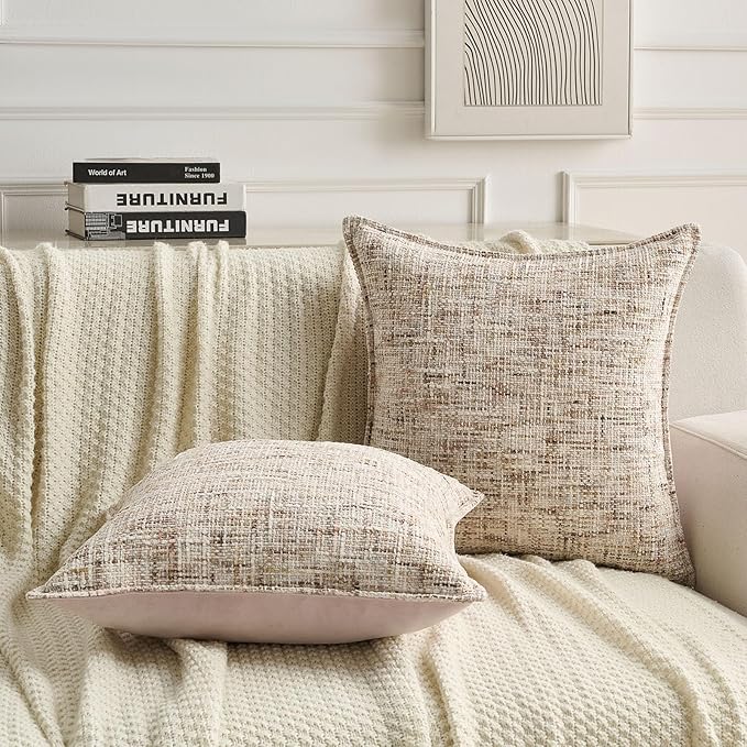 FUTEI Beige Brown Decorative Throw Pillow Covers 22x22 Inch Set of 2,Soft Chenille Tweed Textured Cushion Case,Modern Home Decor for Couch Bed Living Room