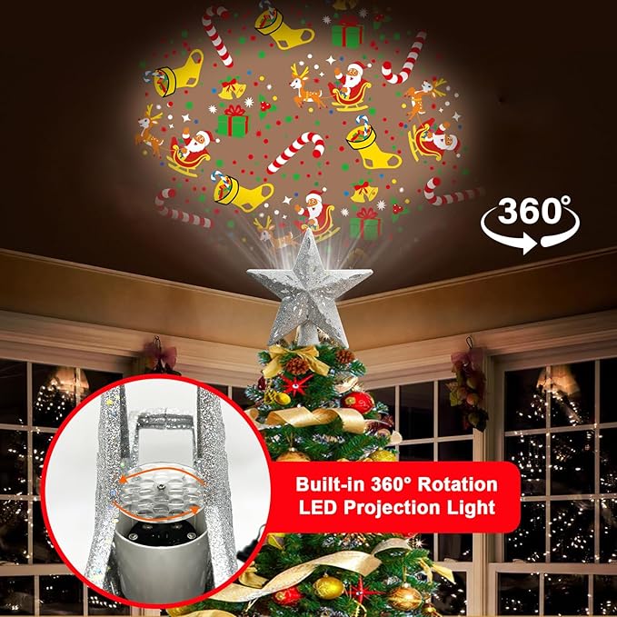 10" Christmas Tree Topper Projector with 6 Projection Modes, Built-in LED Rotating Light, 3D Glitter Dynamic Projector Light Up Xmas Tree Topper Star for Christmas Holiday Party Decorations Gifts