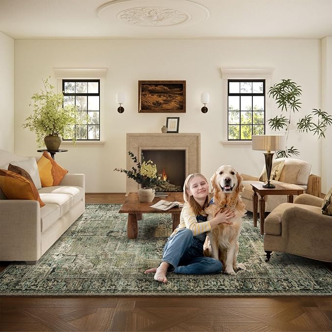 10x12 Area Rug Washable Rugs: Large Living Room Rug Stain Resistant Non Slip Distressed Vintage Low Pile Faux Wool Soft Green Rugs for Bedroom Farmhouse Dining Room Kids Playroom Nursery