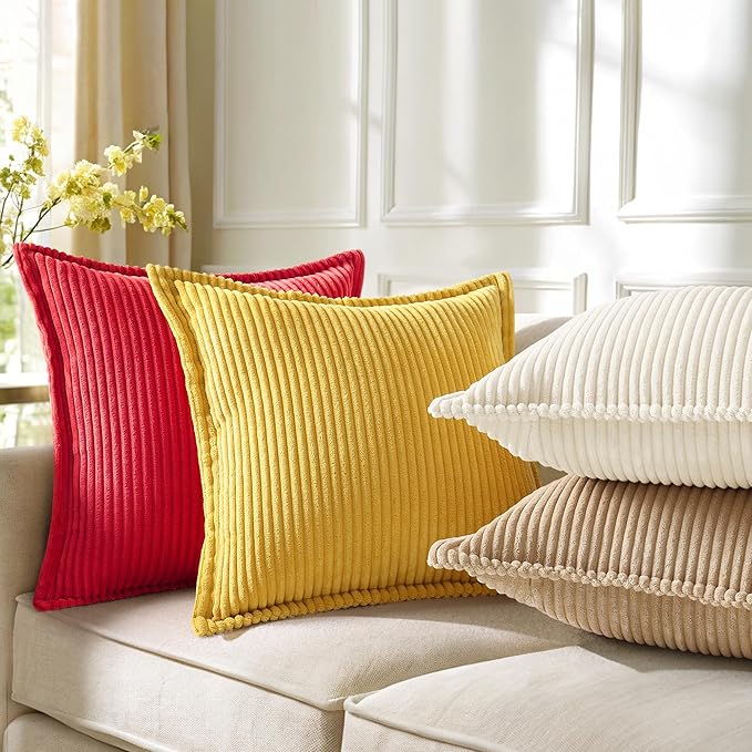 decorUhome Christmas Corduroy Red Throw Pillow Covers 12x20 Set of 2 Decorative Soft Boho Farmhouse Lumbar Euro Couch Pillow Covers for Living Room Bed Sofa Broadside Striped Pillow Cases