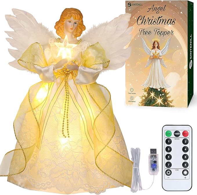 12.5" Angel Christmas Tree Topper with Lights, Lighted Angel Tree Topper with White Feather Wings and Star Light, Remote Control, Timer & USB Powered for Indoor Holiday Tree Decoration