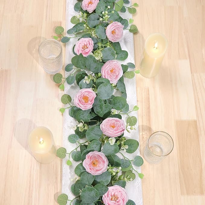 TOCHGREEN 2 Pack 13Ft Artificial Eucalyptus Flower Garland with Pink Camellia, Fake Flower Greenery Garland Floral Vines for Wedding Home Party Room Table Runner Decor (2PCS, Pink)