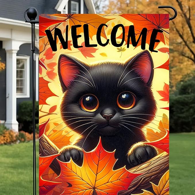Halloween Outdoor Garden Flag 12x18 Inch Black Cat Ghost and Pumpkin Set Illustration Double Sided Fall Everyday Flag for Cute Halloween Yard Display Outdoor Yard Porch Decoration