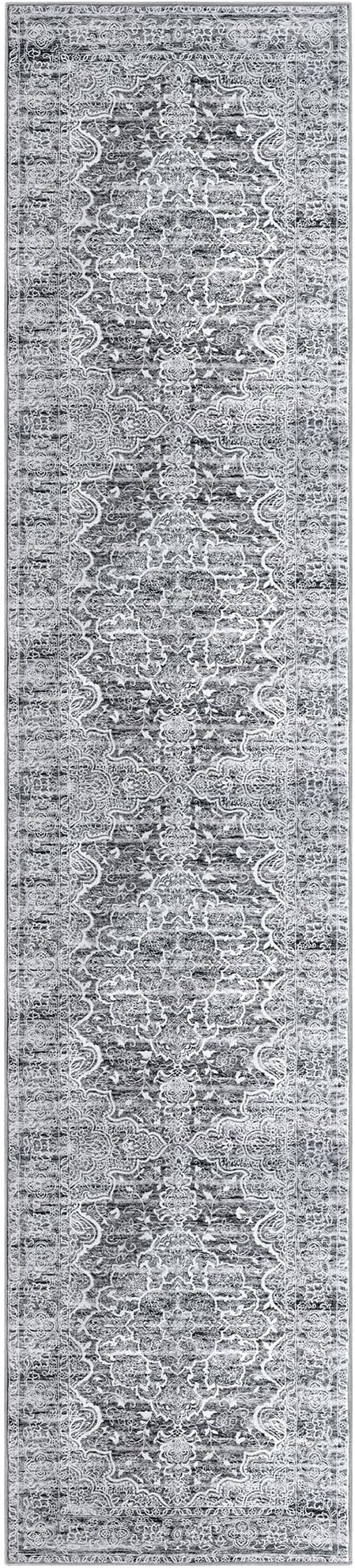 KUTA Vintage Washable Runner Rug 2.6x12, Non-Slip Hallway Kitchen Runners Grey Blue White with Rubber Backing, Soft Printed Modern Medallion Extra Long 12ft Carpet Rugs Indoor for Bedroom