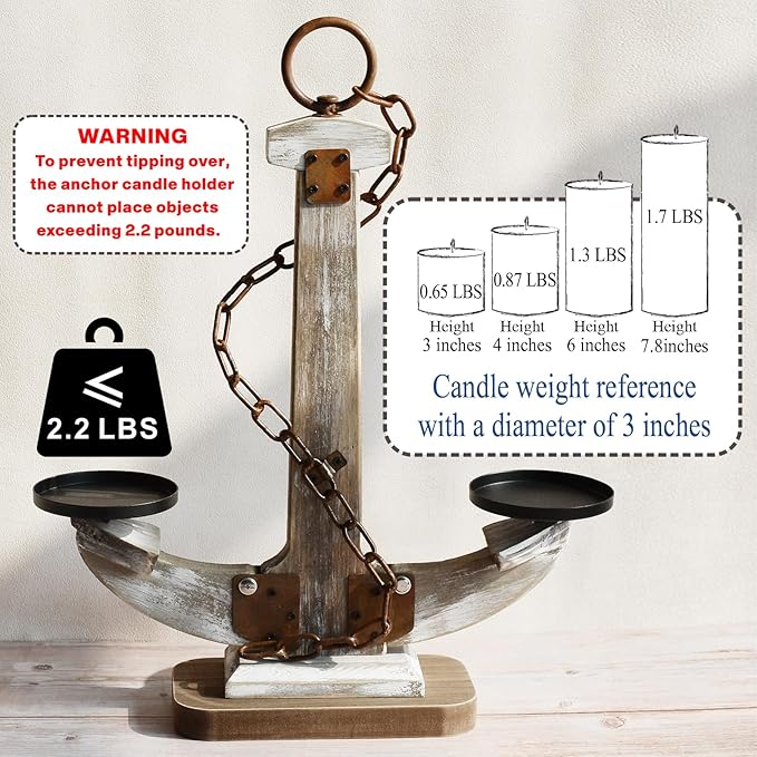 Wooden Anchor Candle Holder for 2 Candles，Rustic Candlestick Stand for Table Centerpiece ，Tall Candlestick with Unique Anchor Design for Home, Nautical,Beach & Lake House Decor（Brown）