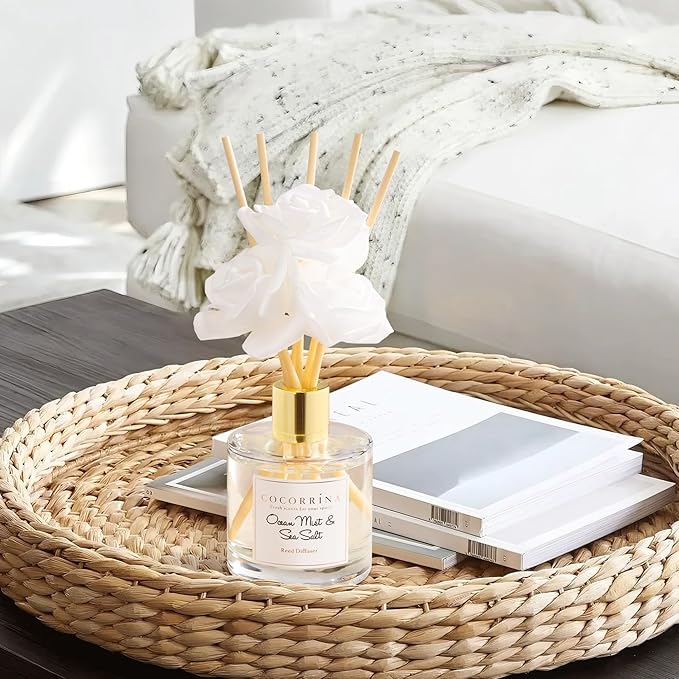 Cocorrína Reed Diffuser Set,6.7oz (200ml) Ocean Mist & Sea Salt Scented Diffuser with 3 White Rose Foam Flowers & Cotton Sticks, Home Fragrance Reed Diffuser for Bathroom Shelf Decor