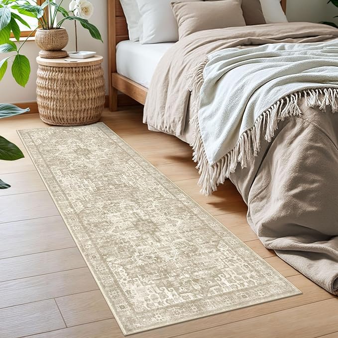 2x6 Washable Printed Runner Rug for Hallways, Light Beige Grey Brown Soft Neutral Vintage Runner with Non-Slip Kitchen Rugs, Non-Shedding Boho Rug for Bedroom Kitchen Porch Laundry Bedside
