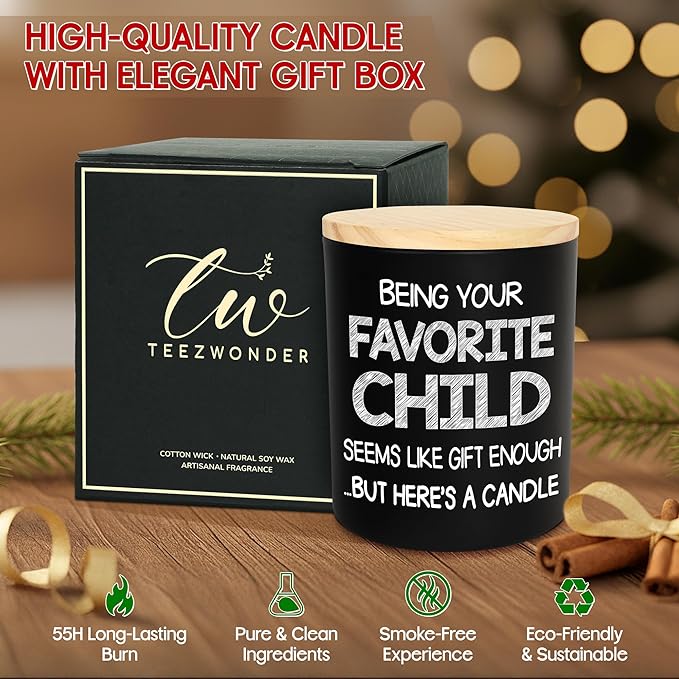 TEEZWONDER Christmas Birthday Gifts for Mom - Favorite Child Scented Candle Vanilla Lavender 10 oz - Mom Dad Birthday Gifts from Daughter Son, Grandma Grandpa Gift Ideas, Candle for Parents