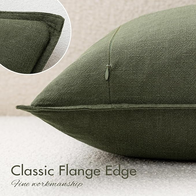 EMEMA Decorative Linen Throw Pillow Covers 18x18 Inch Dark Olive Green Boho Farmhouse Neutral Couch Throw Pillows for Bed Pack of 2 Accent Pillowcase Modern Sofa Cushion Livingroom Home