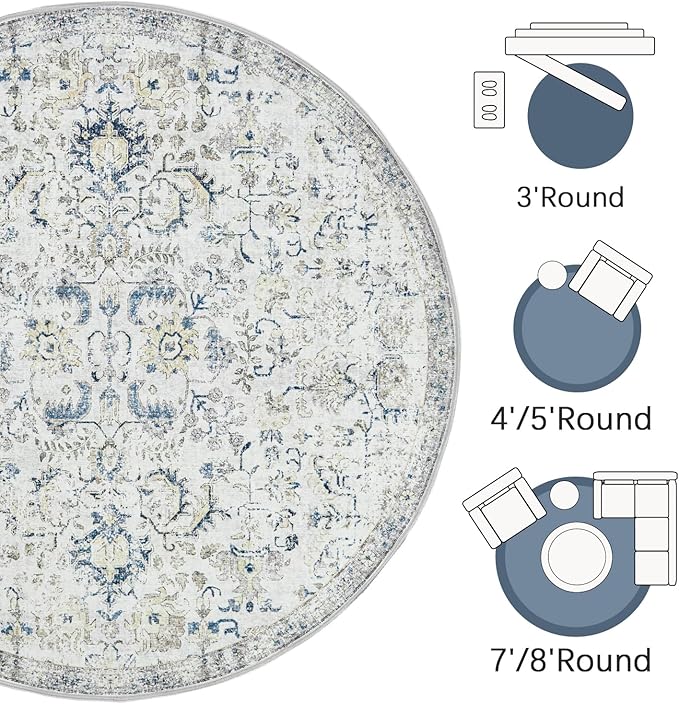 jinchan Kalen Round Rug 7ft Area Rug Washable Vintage Indoor Retro Accent Floor Cover Distressed Floral 7' Round Circle Boho Non Slip Thin Carpet for Living Room Dining Room Bedroom Kitchen Blue