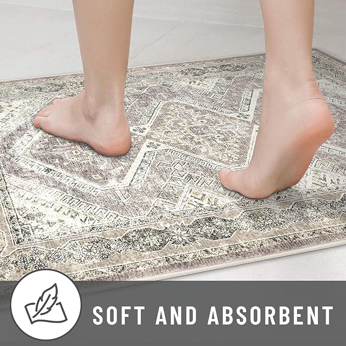 KUTA Washable Oriental Small Area Rug Ivory Grey Yellow Brown, 2x3 Entryway Rugs Indoor Non-Slip Soft Printed Vintage Distressed Farmhouse Low-Pile Door Mat for Entrance Bedroom Kitchen Nursery