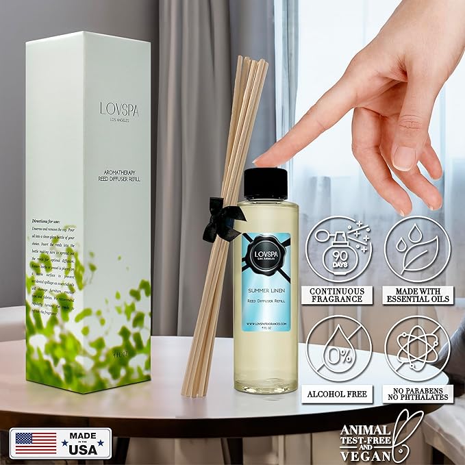 LOVSPA Summer Linen Diffuser Oil - Luxury Essential Oils for Diffuser Refill & Air Freshener Room Spray - Long-Lasting & Natural Home Fragrance, Scented Oil for Diffusers, USA Made, 4oz