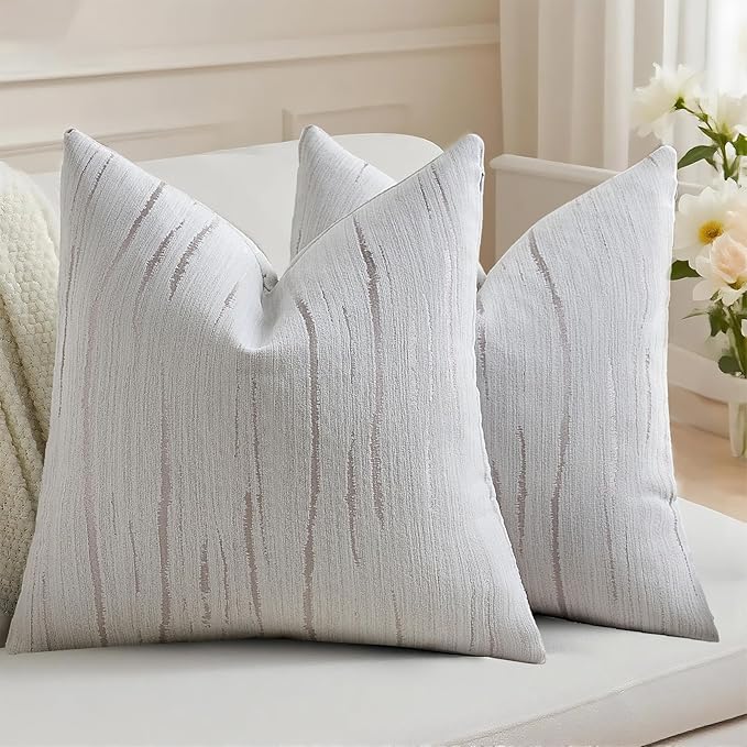HAUSSY Crey Throw Pillow Covers 16x16 Inch Set of 2, Boho Embossed Striped Textured Decorative Pillowcases Soft Chenille Cushion Cases, Modern Home Decor for Couch Bed Living Room