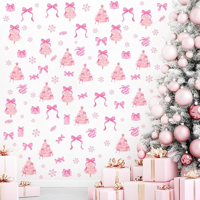 Pink Christmas Wall Stickers Xmas Tree Wall Decals Peel and Stick Bow Sticker for Walls Decoration Indoor Bowtie Decals for Crafts Snowflakes Coquette Art Murals for Girls Bedroom Living Room Decor