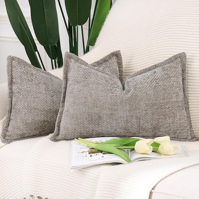 MADIZZ Chenille Velvet Throw Pillow Covers with Flange Set of 2 Super Soft Boho Textured Pillow Covers Decorative Throw Pillowcases Modern Farmhouse Home Decor for Sofa Bedroom Taupe 12x20 Inch