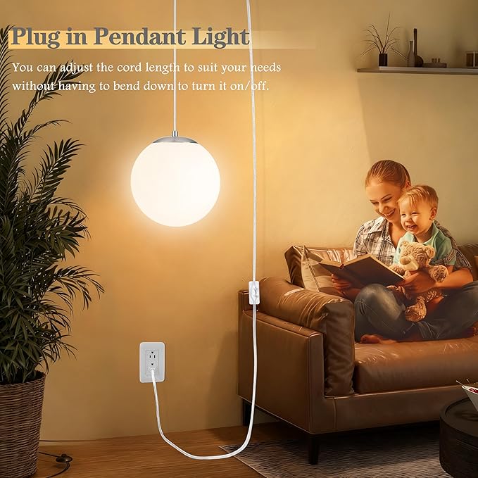 KoKo&Yukina 10" Globe Pendant Light Nickel Plug in Pendant Light Adjustable Hanging Lights with Plug in Cord Nickel Finished with Milk Glass Lampshade for Bedroom Kitchen Island（Bulb Included）