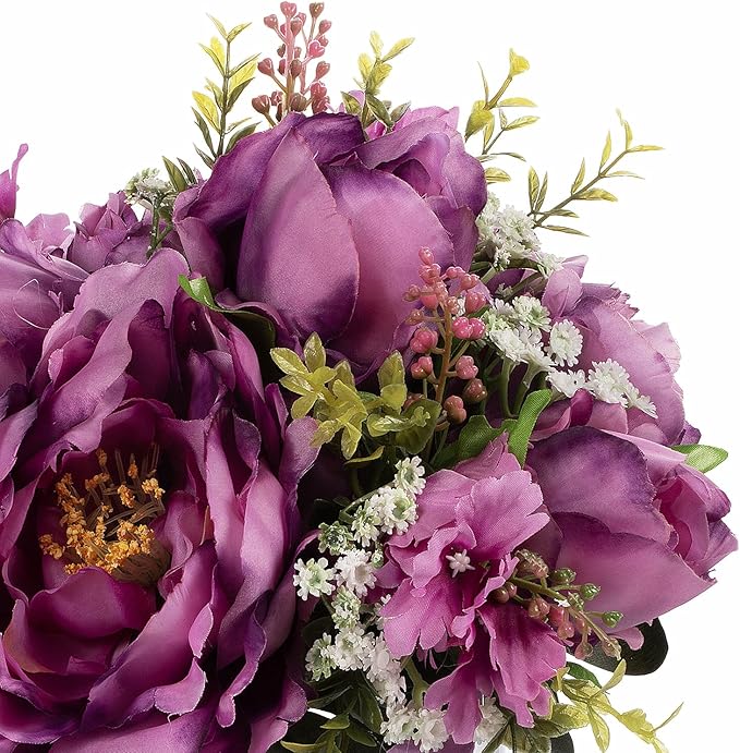 ENOVA FLORAL Artificial Silk Flower Arrangement with Vase,Mixed Artificial Silk Peony Flower in Vase for Decoration Home Office, Wedding Centerpiece (Purple)