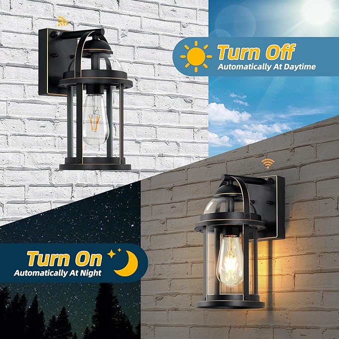 OKELI Dusk to Dawn Outdoor Wall Lights, Waterproof Lighting Fixtures Rustic Farmhouse Wall Lanterns with Clear Glass Shades Anti-Rust Outside Lights for House(Black with Gold-Trim, 2 Pack)