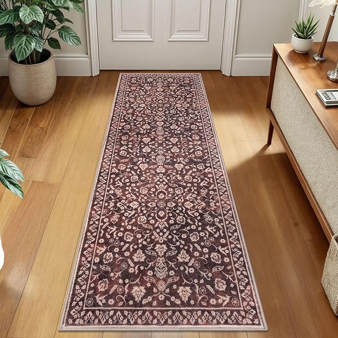 Vintage 2x7 Runner Rug, Burgundy Washable Runners for hallways, Super Soft Kitchen Runner Rug Non Slip, Print Faux Wool Floral Thin Carpet Runner for Entryway Indoor Bedside Runner
