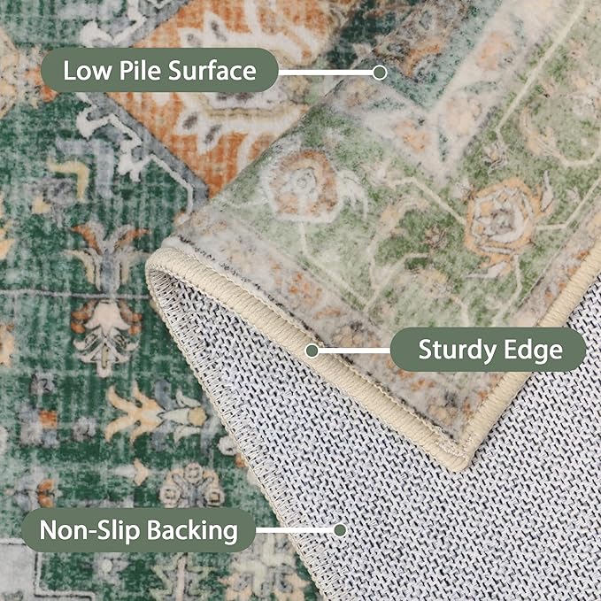 GENIMO 3x10 Runner Rugs for Hallway, Machine Washable Non Slip Vintage Rugs, Low Pile Lightweight Soft Print Rug for enrtyway, Corridor, Home Office, Kitchen,Sage Green