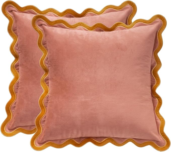 MONDAY MOOSE Decorative Throw Pillow Covers Cushion Cases, Set of 2 Soft Velvet Scalloped Wavy Edge Designs, Mix and Match for Home Decor, Pillow Inserts Not Included (18x18 inch, Pink/Honey)