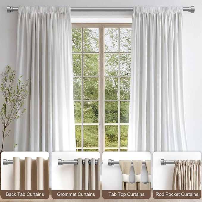 2 Pack Modern Silver Curtain Rods Set for Windows 28 to 48 Inches Adjustable Length Heavy Duty 1" Diameter Window Curtain Rod with Decorative Finials for Outdoor Bedroom Kitchen Living Room