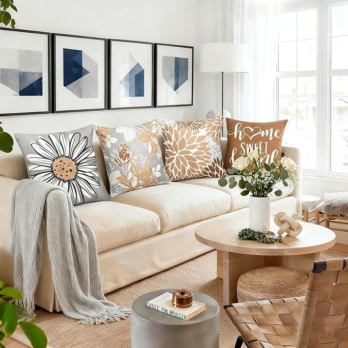 Decorative Throw Pillow Covers Set of 4 Coffee Pillow Covers 18x18 inch Fall Throw Pillow Cover Linen Square Pillowcases Cushion Cover,Boho Pillow Covers for Couch Sofa Farmhouse Home