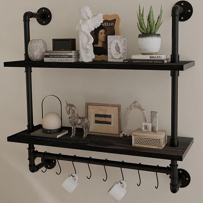ROGMARS Industrial Pipe Bathroom Shelves Shelving,24" Black Floating Shelves for Bathroom with Towel Bar Hooks,Kitchen Wall Mounted Shelves Coffee Bar Shelf for Living Room Bedroom