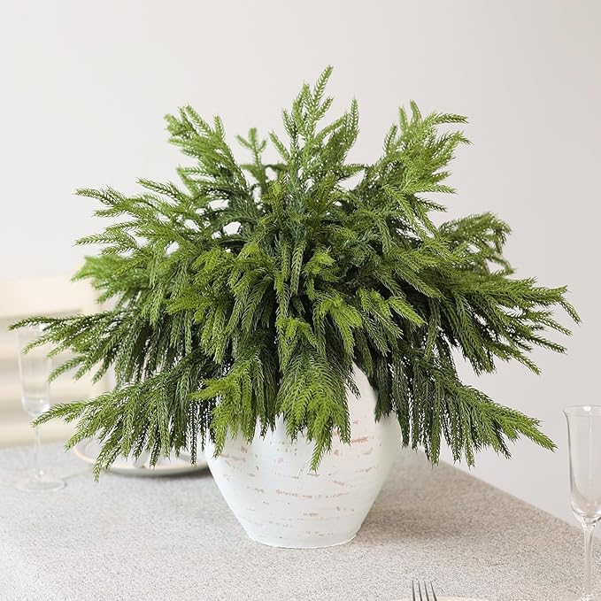 40 Pcs Real Touch Norfolk Pine Branches, Artificial Christmas Green Plants Branch Faux Greenery Stem Fake Pine Picks for Vase DIY Crafts Garland Wreath Xmas Indoor Outdoor Decor(18 Inches)