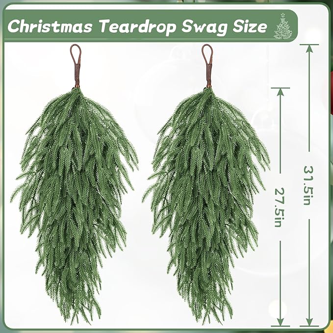 2 Pack 32" Extra Long Artificial Christmas Teardrop Swag - Faux Pine Needles Teardrop Door Swag, Xmas Norfolk Greenery Teardrop Wreath for Door Table Mantle Fireplace Indoor Outdoor Decor, Dark Green