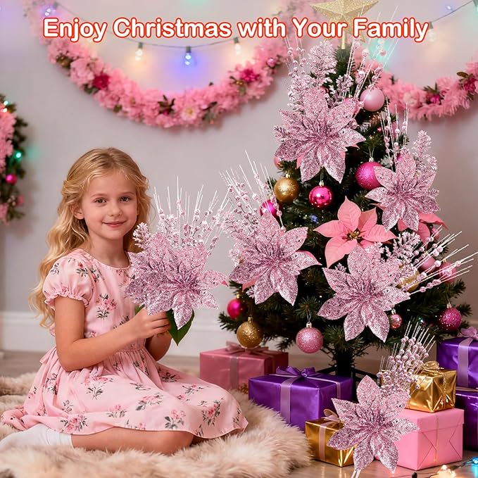 18 Pack Christmas Tree Ornaments Set, 17.5 Inch Pink Fake Christmas Picks Decorations with 2 Styles, Artificial Glitter Berry Stem Ornaments for Christmas Tree Wedding Small Vase Wreath Decor
